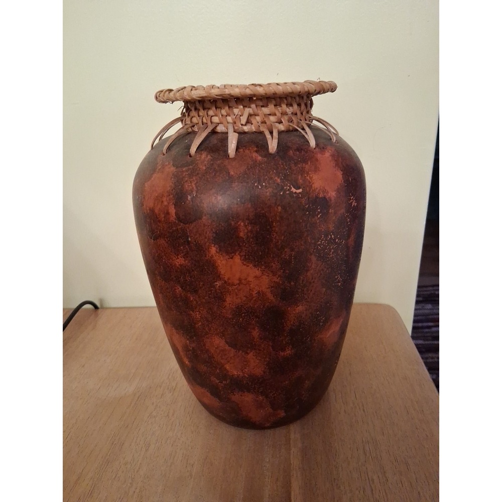 Wicker Top Pottery Vase~ Brown Tones ~ Vintage Rustic Decor~Unique
